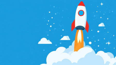 A vibrant illustration of a rocket launching into a clear blue sky, surrounded by fluffy clouds and twinkling stars. Perfect for concepts of adventure and exploration.の素材