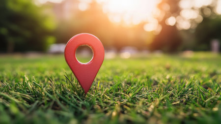 A close-up view of a vibrant red location pin standing on lush green grass during a beautiful sunset. The background is softly blurred, enhancing the visual appeal.の素材