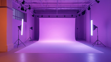 Spacious photography studio featuring a smooth purple backdrop and modern lighting equipment, ideal for creative productions and photoshoots.の素材