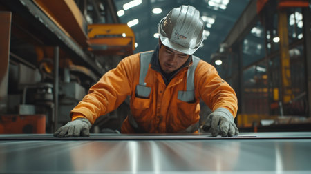 A focused industrial worker in safety gear inspects a metal sheet in a busy factory. The scene captures the essence of craftsmanship and diligence in manufacturing environments.の素材
