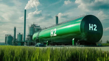 A large green hydrogen storage tank stands prominently at an industrial facility. This image highlights the integration of sustainable energy solutions with modern infrastructure.の素材