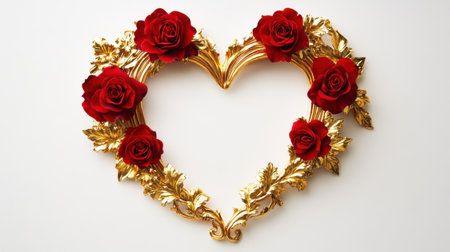 This stunning heart-shaped frame features rich red roses and elegant golden accents, perfect for romantic decor, weddings, and special events.の素材