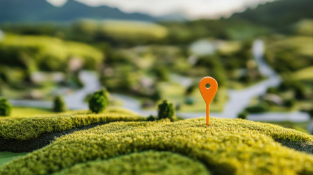 A bright orange location marker stands out against a lush green landscape, symbolizing navigation and exploration in a tranquil outdoor setting. Perfect for travel and mapping themes.の素材