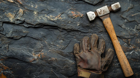 A closeup of a hammer and a work glove placed on a rough stone surface, showcasing the tools of craftsmanship and manual labor, perfect for industrial themes.の素材