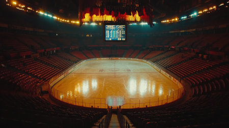 A stunning view of an empty ice hockey arena, featuring a pristine ice surface, bright lights, and an impressive scoreboard, captures the essence of sports.の素材