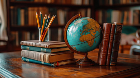 A cozy library scene featuring stacked books, a globe, and pencils, inviting exploration of knowledge and creativity in a warm vintage atmosphere.の素材