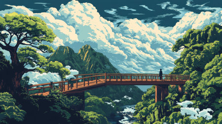 Experience a serene landscape with a wooden bridge crossing a river, surrounded by lush greenery and majestic mountains under dramatic clouds.の素材