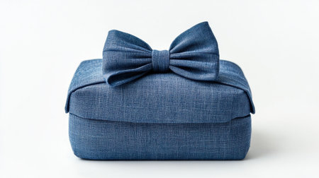 A stunning blue fabric gift box adorned with a chic bow, perfect for various occasions. Ideal for conveying elegance and charm in celebrations or gifting moments.の素材