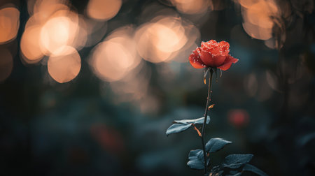 A stunning single red rose adorned with dewdrops stands elegantly against a soft, blurred background, evoking feelings of tranquility and beauty in nature.の素材