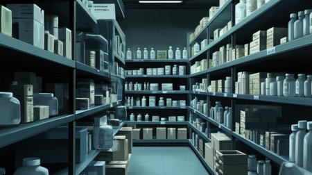 A detailed view of shelves filled with various pharmaceutical products in a storage room, depicting an organized and clinical atmosphere suitable for healthcare or laboratory settings.の素材
