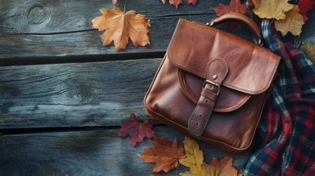 A stylish leather bag rests on a wooden table surrounded by colorful autumn leaves and a cozy scarf, creating a warm and inviting seasonal vibe.の素材