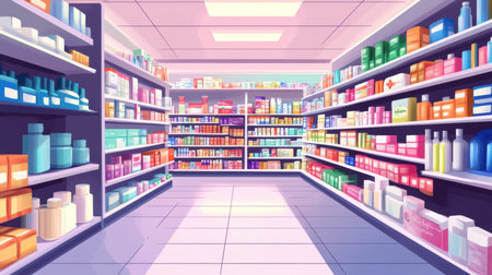 A vibrant and organized view of a drugstore with colorful shelves filled with health and beauty products. The bright lighting enhances the shopping atmosphere.の素材