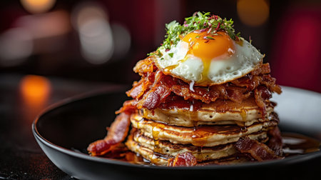 A mouth-watering stack of pancakes topped with crispy bacon and a sunny-side-up egg, drizzled with syrup for a perfect breakfast or brunch dish.の素材