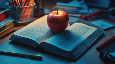 A vibrant red apple sits atop an open book, surrounded by stationery in a cozy workspace. Soft lighting creates an inviting atmosphere, perfect for studying or reflection.の素材