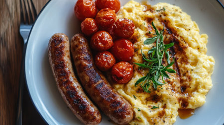 A vibrant breakfast plate featuring juicy sausages, roasted tomatoes, and creamy scrambled eggs, garnished with fresh herbs, perfect for a delightful morning meal.の素材