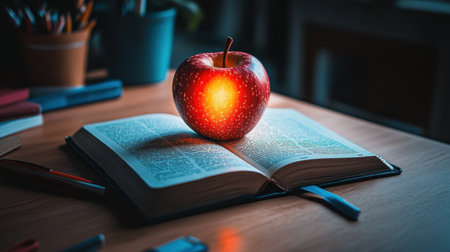 A glowing red apple sits on an open book in a cozy study, symbolizing knowledge and inspiration. The warm light emanates from within, creating an inviting atmosphere.の素材