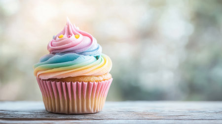 A vibrant rainbow cupcake topped with swirled pastel frosting and colorful sprinkles. Perfect for parties, celebrations, and delightful treats.の素材