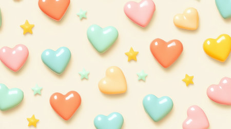 A playful pattern featuring colorful hearts and stars on a soft cream background, perfect for various creative projects, celebrations, or designs that evoke joy and charm.の素材
