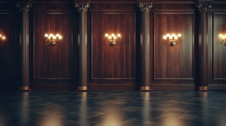 This image showcases an elegant interior featuring rich wooden walls and classic lighting, creating a sophisticated ambiance suitable for luxury spaces.の素材