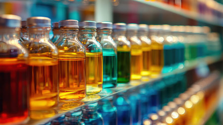 A close-up view of colorful bottles filled with vibrant liquids, arranged neatly on a shelf. This image captures the beauty of color gradients and transparency in a retro aesthetic.の素材