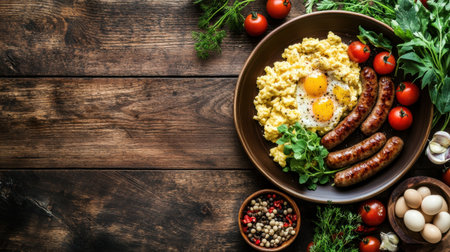 A beautifully arranged breakfast plate featuring scrambled eggs, juicy sausages, and vibrant cherry tomatoes, complemented by fresh herbs and a rustic wooden table background.の素材