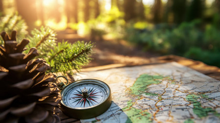 A rustic compass sits on a detailed map resting on a wooden table. Sunlight streams through trees, creating a serene atmosphere perfect for exploration.の素材