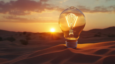 A glowing light bulb stands elegantly on golden sands, capturing the beauty of a sunset. This imagery evokes inspiration, creativity, and a sense of warmth in a serene desert setting.の素材