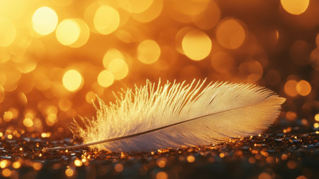A soft white feather rests gracefully on a shimmering gold background, surrounded by enchanting bokeh lights, creating a serene and elegant atmosphere.の素材