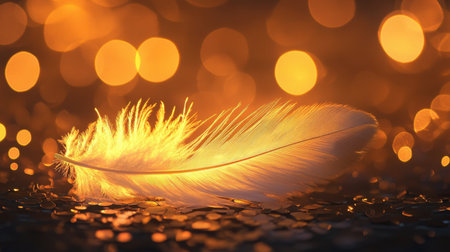 A delicate feather softly glowing against a warm bokeh background, creating an enchanting and tranquil atmosphere. Perfect for artistic and nature-inspired designs.の素材