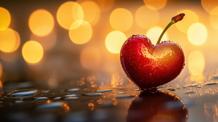 A dazzling heart-shaped cherry sits on a glossy surface, surrounded by shimmering bokeh lights. The raindrops enhance its vibrant color, symbolizing love and freshness.の素材