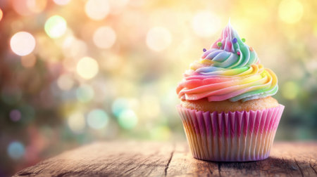 This colorful rainbow cupcake features swirled frosting and bright hues, perfect for celebrations and special occasions. A delightful treat!の素材