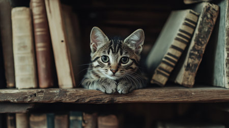 A charming kitten rests on a wooden shelf surrounded by vintage books, showcasing its curious expression. The cozy atmosphere invites a sense of warmth and innocence.の素材