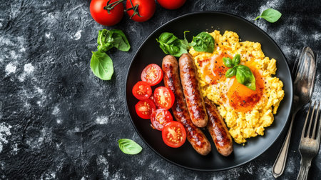 A vibrant breakfast platter featuring fluffy scrambled eggs, succulent sausages, and fresh tomatoes garnished with basil. Perfect for morning meals.の素材