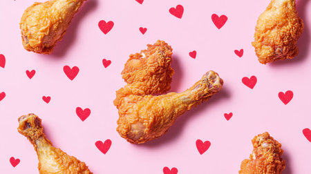 An eye-catching arrangement of crispy fried chicken drumsticks against a playful pink background adorned with hearts. Perfect for food lovers and celebrations.の素材