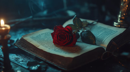 A captivating still life image featuring a red rose atop an open book, illuminated by warm candlelight. This composition evokes romance and nostalgia.の素材