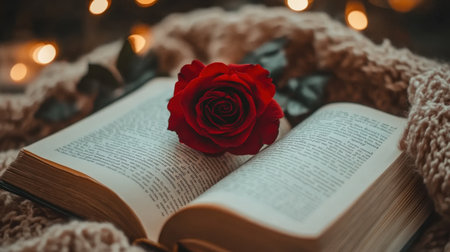 An elegant red rose placed on an open book creates a romantic and cozy atmosphere. The soft background adds depth, evoking warmth and tranquility.の素材
