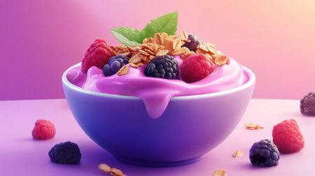 A vibrant bowl of creamy yogurt topped with fresh berries and crunchy oats, perfect for a nutritious breakfast or a delicious snack.の素材