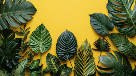 A stunning arrangement of various green leaves set against a bright yellow background. This vibrant composition captures the beauty of nature, perfect for showcasing freshness and creativity.の素材