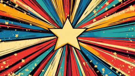 Bright and vibrant starburst design featuring a bold yellow star at the center, surrounded by dynamic rays in red, blue, and orange colors, creating a playful and energetic visual.の素材