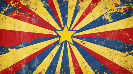 Colorful vintage design featuring a large star at the center with bold red, yellow, and blue rays. Ideal for creative projects, posters, or backgrounds.の素材