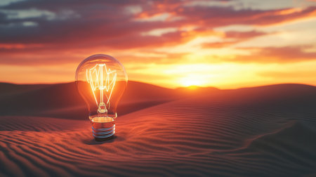 A glowing light bulb stands alone in a serene desert landscape at sunset, casting warmth and creativity against the stunning backdrop of sand dunes and vibrant colors.の素材