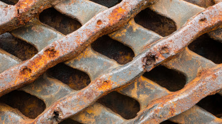 A closeup view of a rusty metal grate showcasing a unique textured pattern. The industrial aesthetic highlights the weathered surface and rich tones of corrosion.の素材
