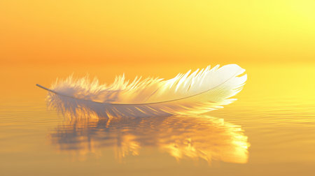 A delicate white feather floats serenely on calm water during a golden sunrise, reflecting warm hues. This soothing scene captures tranquility and natural beauty.の素材
