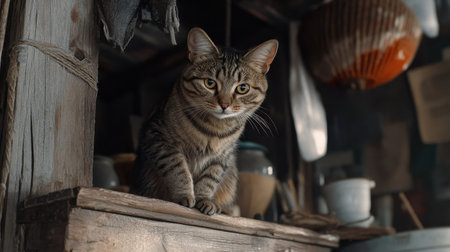 A charming tabby cat sits gracefully on a wooden shelf in a rustic interior. The warm light highlights its beautiful fur and curious expression, creating a peaceful atmosphere.の素材