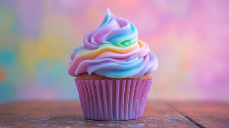 A stunning pastel cupcake with vibrant rainbow frosting set against a colorful background. Perfect for celebrations, this delicious treat adds whimsy to any event.の素材