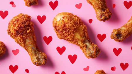 Delight in the vibrant combination of crispy fried chicken drumsticks arranged on a playful pink background adorned with red hearts. Perfect for romantic occasions or casual gatherings.の素材