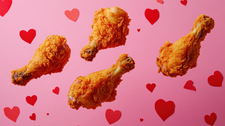 This vibrant image showcases crispy chicken drumsticks amidst floating hearts, perfect for conveying love for food or festive celebrations.の素材