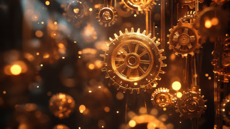 Stunning golden gears create an enchanting visual effect against a blurred background. The intricate details and shimmering lights evoke a sense of creativity and technology.の素材