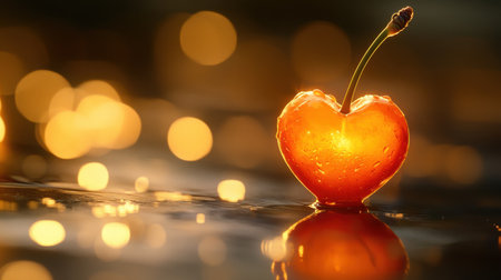 A captivating heart-shaped cherry sits on a reflective surface, surrounded by a stunning bokeh background. Ideal for themes of love and freshness.の素材