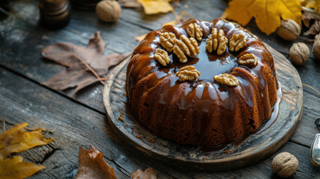 A mouthwatering chocolate cake topped with walnuts, resting on a rustic wooden surface surrounded by autumn leaves, creating a cozy and inviting atmosphere.の素材